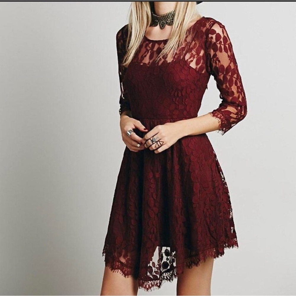 Free People burgundy floral lace handkerchief 3/4 sleeve dress size 8